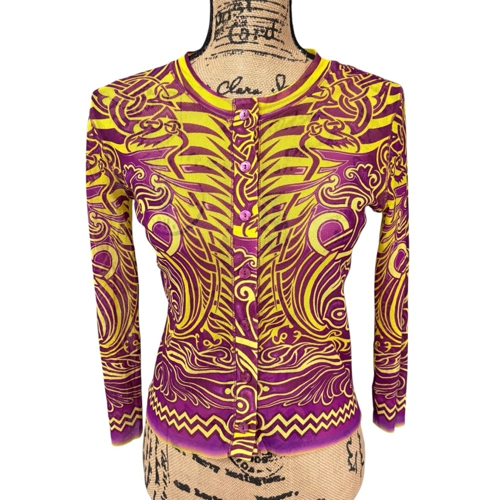 Jean Paul Gaultier Soleil Mesh Long Sleeve Cardigan Button Front Cropped Large
